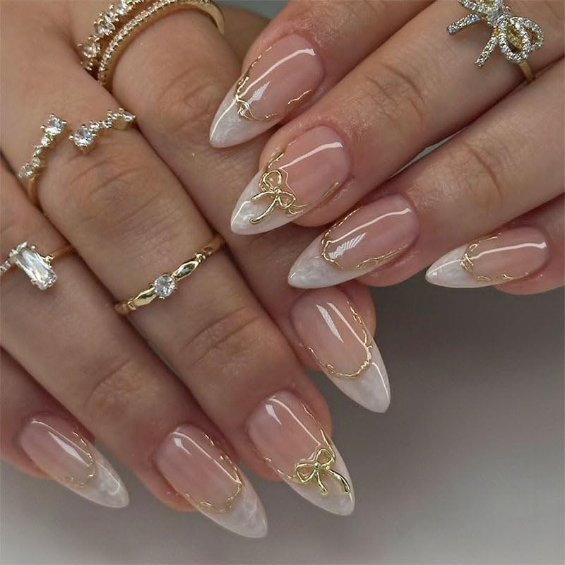 White French Tips Press on Nails, Irregular Gold 3D Lines with Flower & Pearl Design, Reusable Salon Quality Acrylic False Nails for Women, Glue On Nails with Adhesive Tabs for Daily Wear