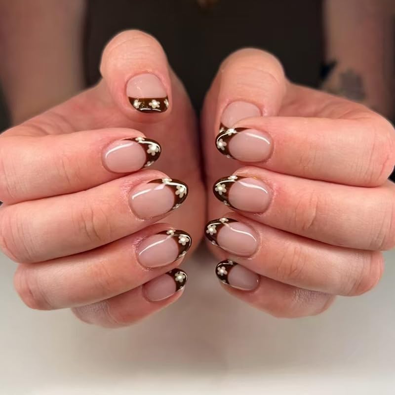 French Tip Press on Nails Medium Almond Fake Nails White Pearl False Nail Tips Summer Wedding Acrylic Nails Glossy Beach Glue on Nails Reusable Cute Stick on Nails for Women Manicure