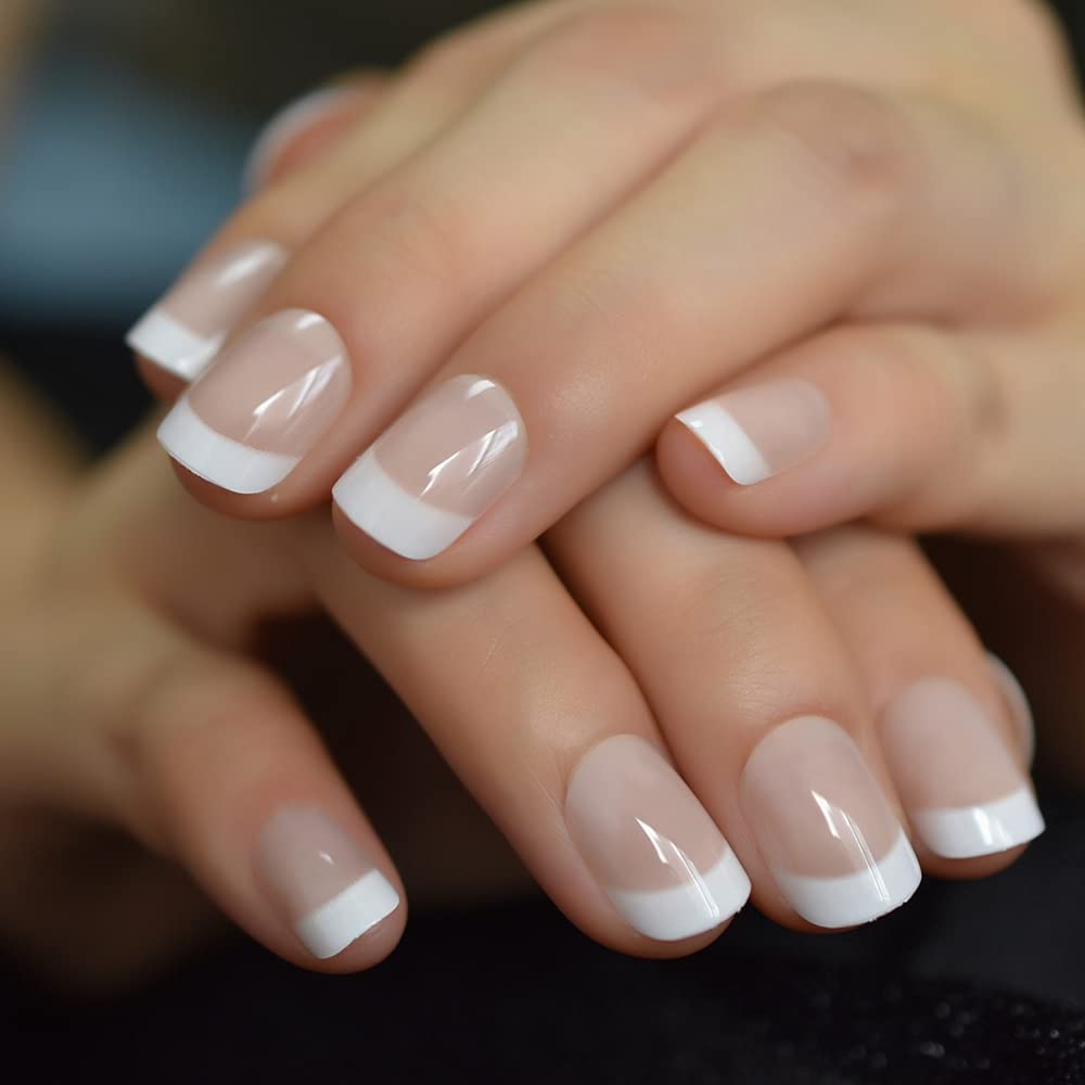 Ombre French Press On Nails Short - IKISKT Fashion Acrylic False Nails, Glue On Nails with Glue Sticker,Fit Perfectly & Natural Stick On Nails - 24PCS Soft UV Gel Fake Nails Kit, Gradient White
