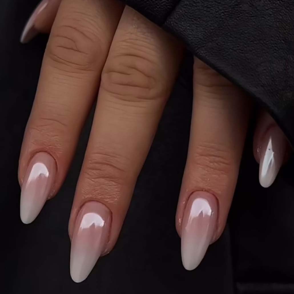 Foccna Press on Nails French Medium, Pearl White Fake Nails Almond Acrylic False Nails,Artificial Glue on Nails for Women 24pcs