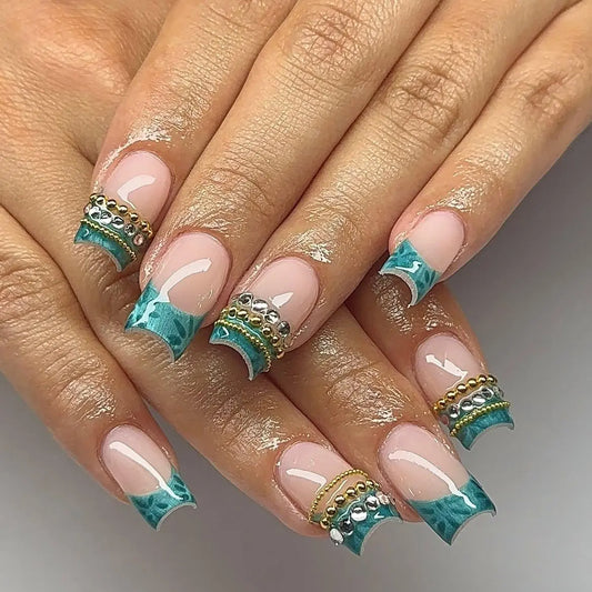 Turquoise French Tip Nails | Gold & Silver Stud Nail Art | Bangle Inspired Nails | Luxury Square Statement Nail Set