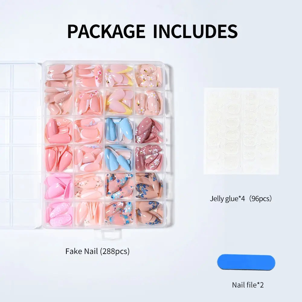 288pcs Long Almond Press-On Nails, False Nails, Decorative Nails, Floral Patterns Flower Cherry Blossom Bee Design, Includes Jelly Glue and Nail Files, Perfect for Parties and Daily Wear