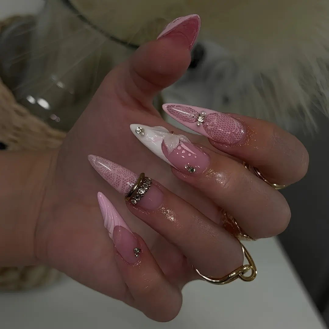 (MTO) Female Everyday Press-On Nails, Long Stiletto Bubble Nail Art, Pink White Lace 3D Flower Rhinestones Fashion Hand Accessory