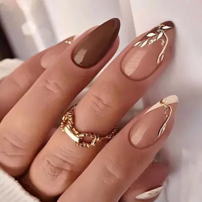 Gilded Blooms Press On Nails | CurvLife Nail | 30pcs Medium Coffin Fake Nails | Glossy Finish with Golden Floral Accents & Radiant Shine | Easy to Apply, Comfortable & Long-Lasting | Ideal for Daily Commutes, Business Meetings, Banquets & Formal Events