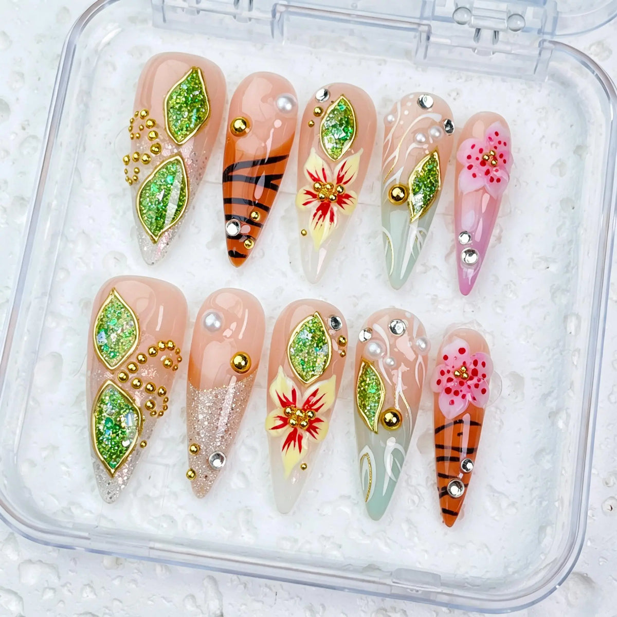 DivelleNails Handmade Press On Nails Collection 10pcs,Stiletto Nude Pink Gradient Nails,3D White Flower Gold Bangle Accent Blue Purple Heart Rhinestone,Reusable Acrylic False Nails