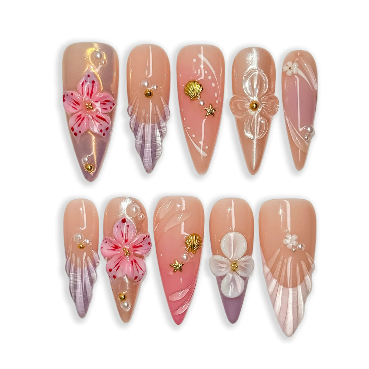 3D Floral Pearl Nail Design Kit, Luxury Pink Nude Nail Art Style with Shell & Star Details, Elegant French Inspired Glossy Manicure Look for Summer Vacation, Wedding, Date Night & Everyday Beauty