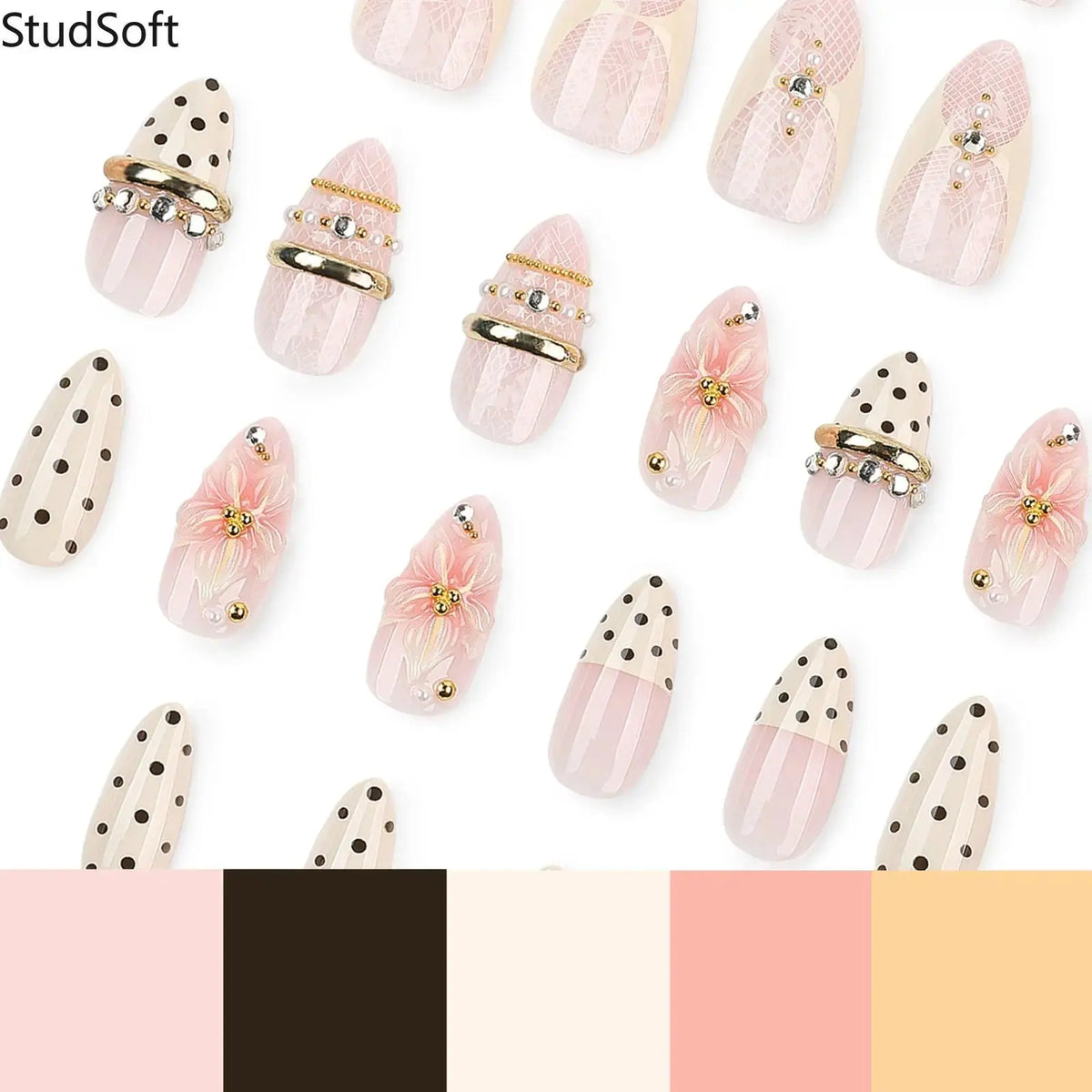 Elegant False Nails, 24pcs Medium Almond Coquette Style with 3D Floral Design, White Lace & Gold Beads for Bridal Wear, Flower Design Nails, Nail Tips Art,sohochic