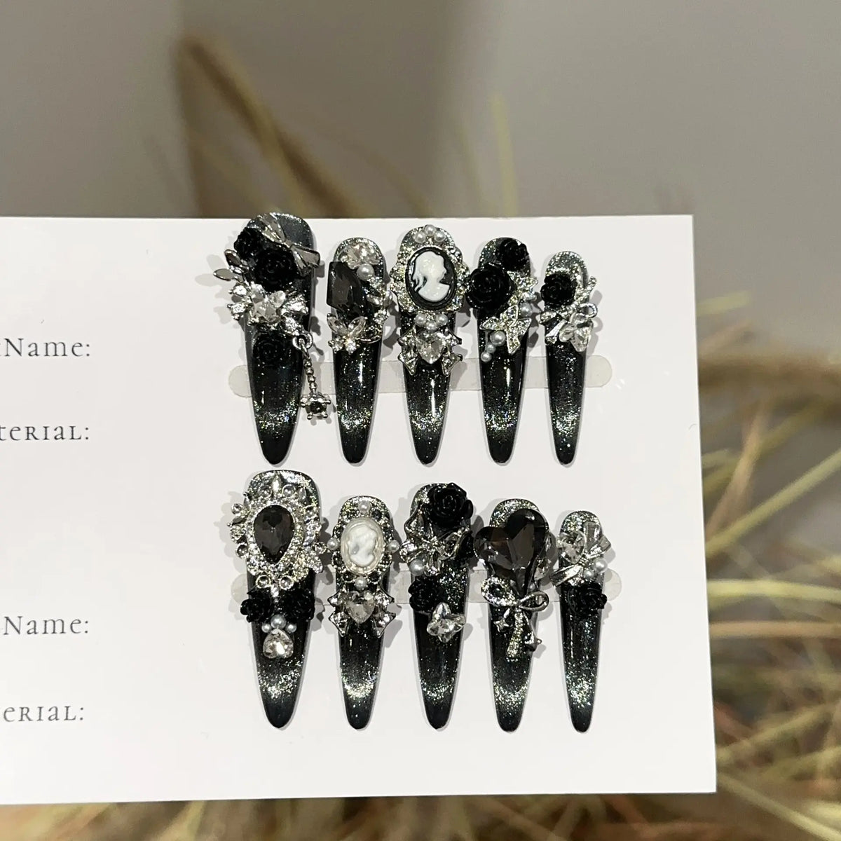 Atelier Handmade Extra Long Stiletto Press-On Nails, Black Glitter Metallic Cat Eye Design, Vintage Cameo Black Rose Bow Heart Rhinestone Pearl Dangles, Reusable Glossy Luxury for Gothic Wedding Evening Events, Long Nails Aesthetic