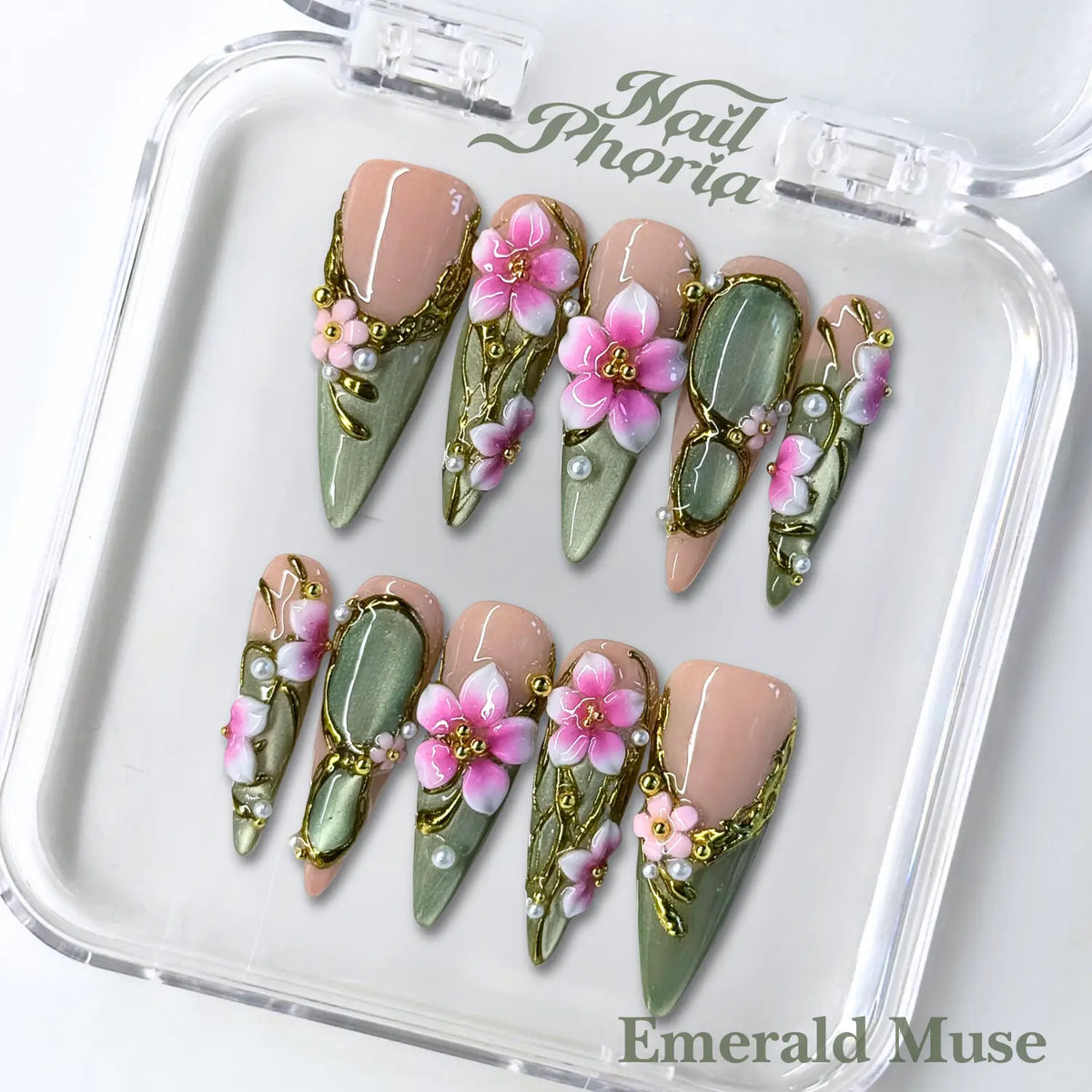 NailPhoria EMERALD MUSE -SUMMER Handmade Press-On Nails | Reusable, Salon-Quality, Long-Lasting, Glossy Design