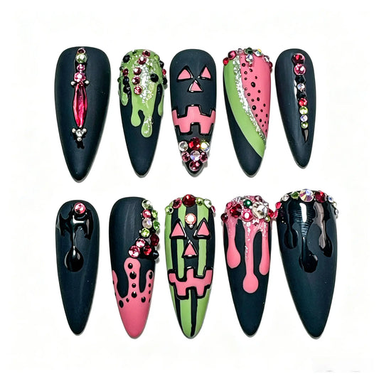 Gothic Y2K Nail Art Design with Black Base, Pink & Green Drip Effects, Rhinestone Details and Halloween Inspired Style, Trendy Dark Aesthetic Manicure Look for Parties, Festivals, Fashion and Everyday Statement Style