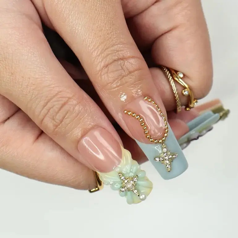 Elysian Romantic Press-On Nails – 3D Flowers, Gold & Pearl Details, Handmade Long Square Nails for Classic Elegance, Events and Gift For Her
