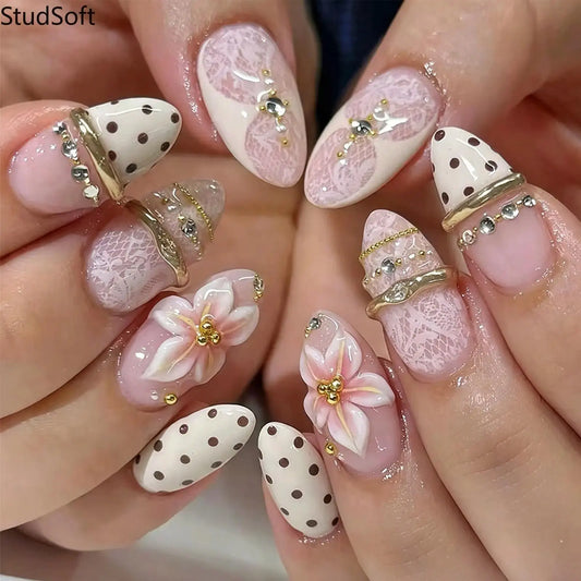 Elegant False Nails, 24pcs Medium Almond Coquette Style with 3D Floral Design, White Lace & Gold Beads for Bridal Wear, Flower Design Nails, Nail Tips Art,sohochic