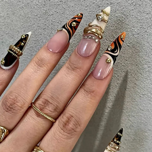 SHEDARES Tortoise Luxe – Luxury Press-On Nails with Tortoiseshell Art, Sculpted Gold Accents, Crystal Details & Glossy Nude Base – Perfect for Night Out & Special Events