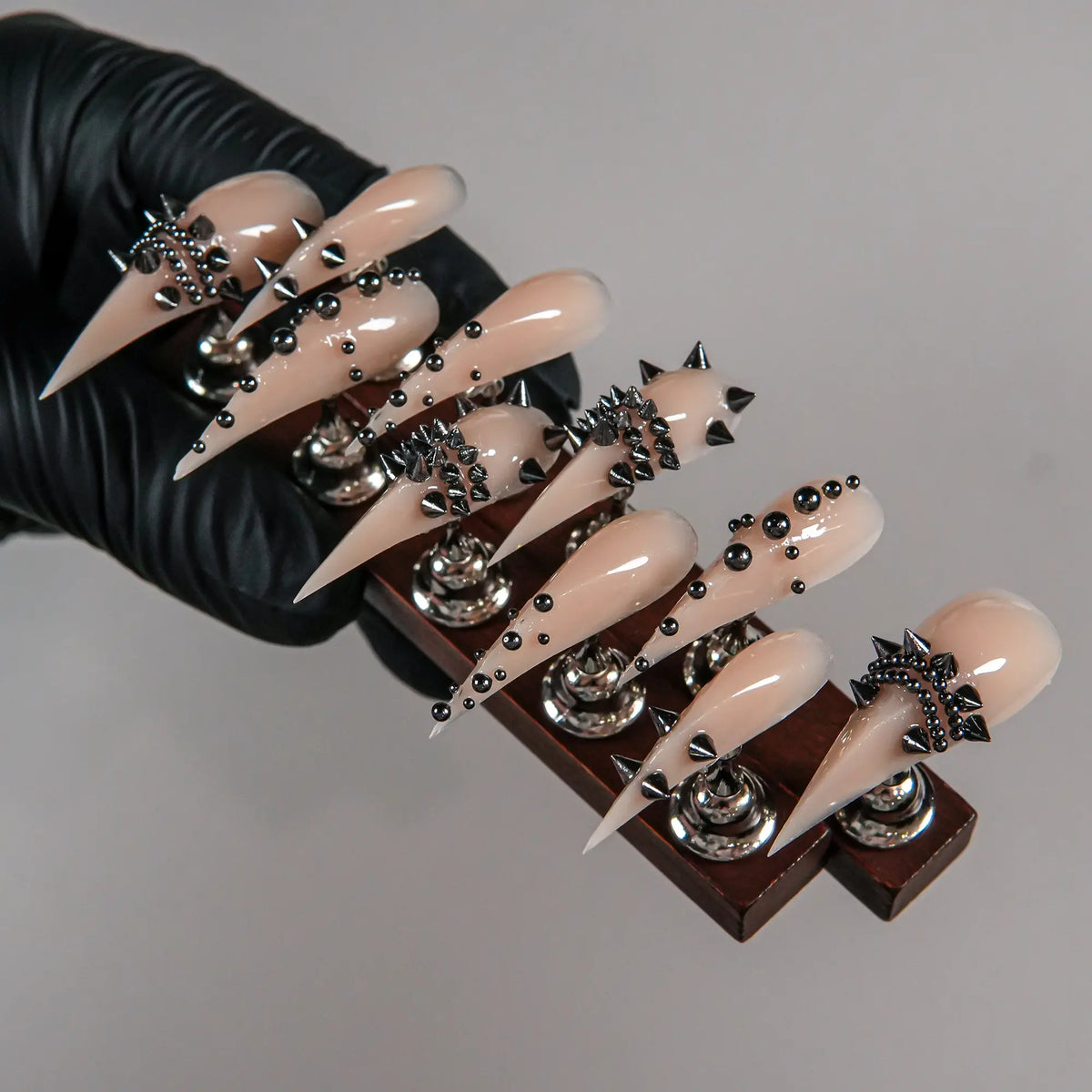 Handmade Luxury Nude Long Stiletto Press On Nails – Black Rhinestone & Metal Stud Embellished Fake Nails, Gothic Dark Y2K Nail Art Design, Reusable Gel Nail Tips, Trendy Statement Manicure Set for Women,sohochic