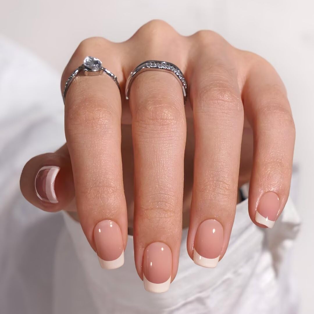 BTArtbox Press On Nails, Short Almond White Fake Nails, 32Pcs Full Kit