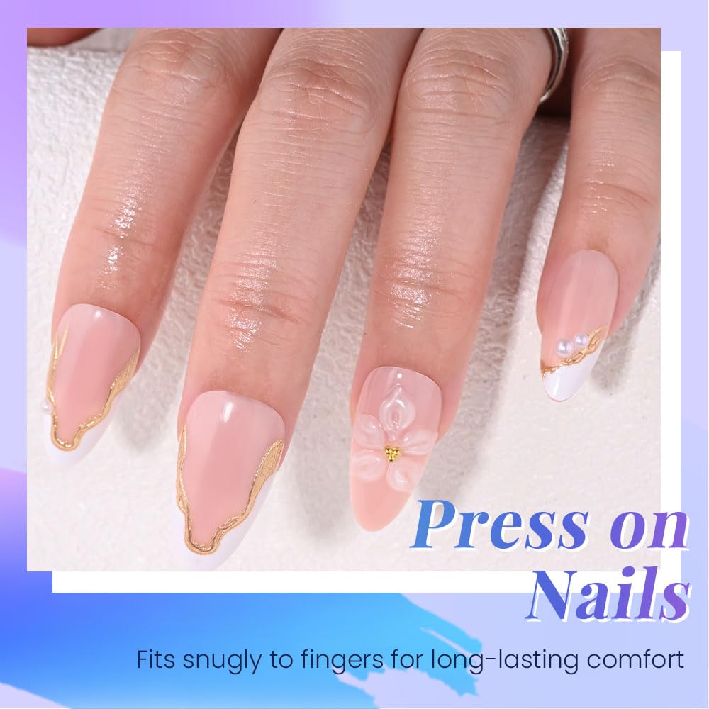 White French Tips Press on Nails, Irregular Gold 3D Lines with Flower & Pearl Design, Reusable Salon Quality Acrylic False Nails for Women, Glue On Nails with Adhesive Tabs for Daily Wear