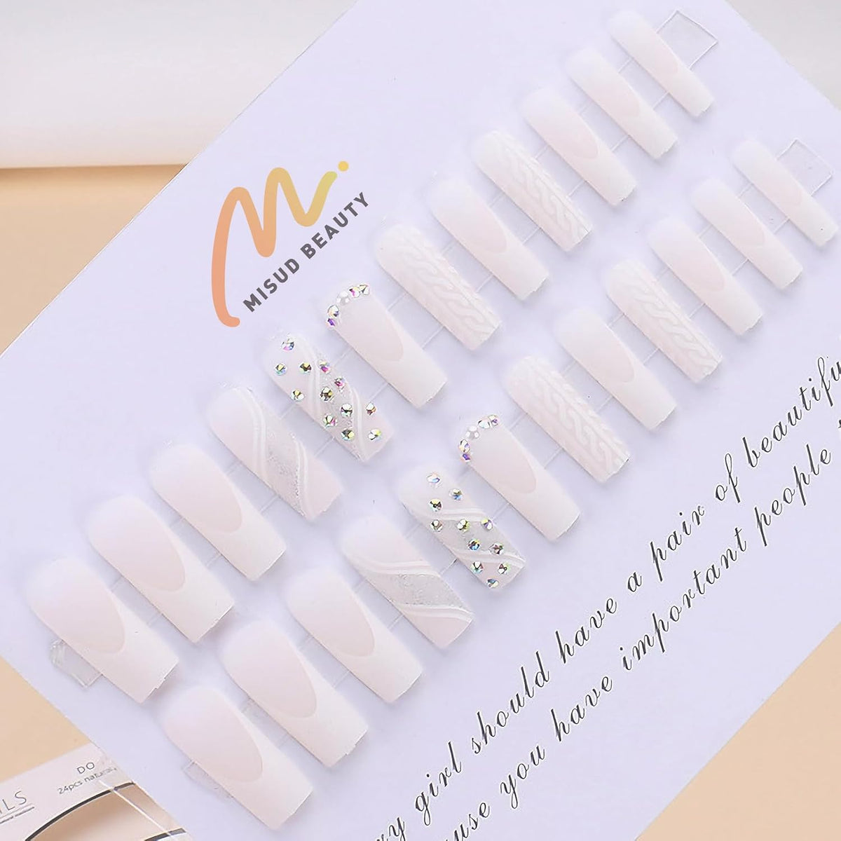 MISUD Press on Nails - Long Square Glue on Nails with White Bridal, Acrylic Wedding Bride Design 24 pcs