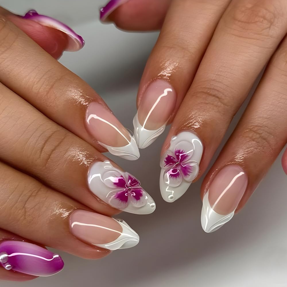 Green Press on Nails Medium Almond Fake Nails with 3D Pearl Rhinestones Designs Gold French Tips Flower Acrylic Nails False Nails White Floral Full Cover Glossy Stick on Nails for Women 24Pcs