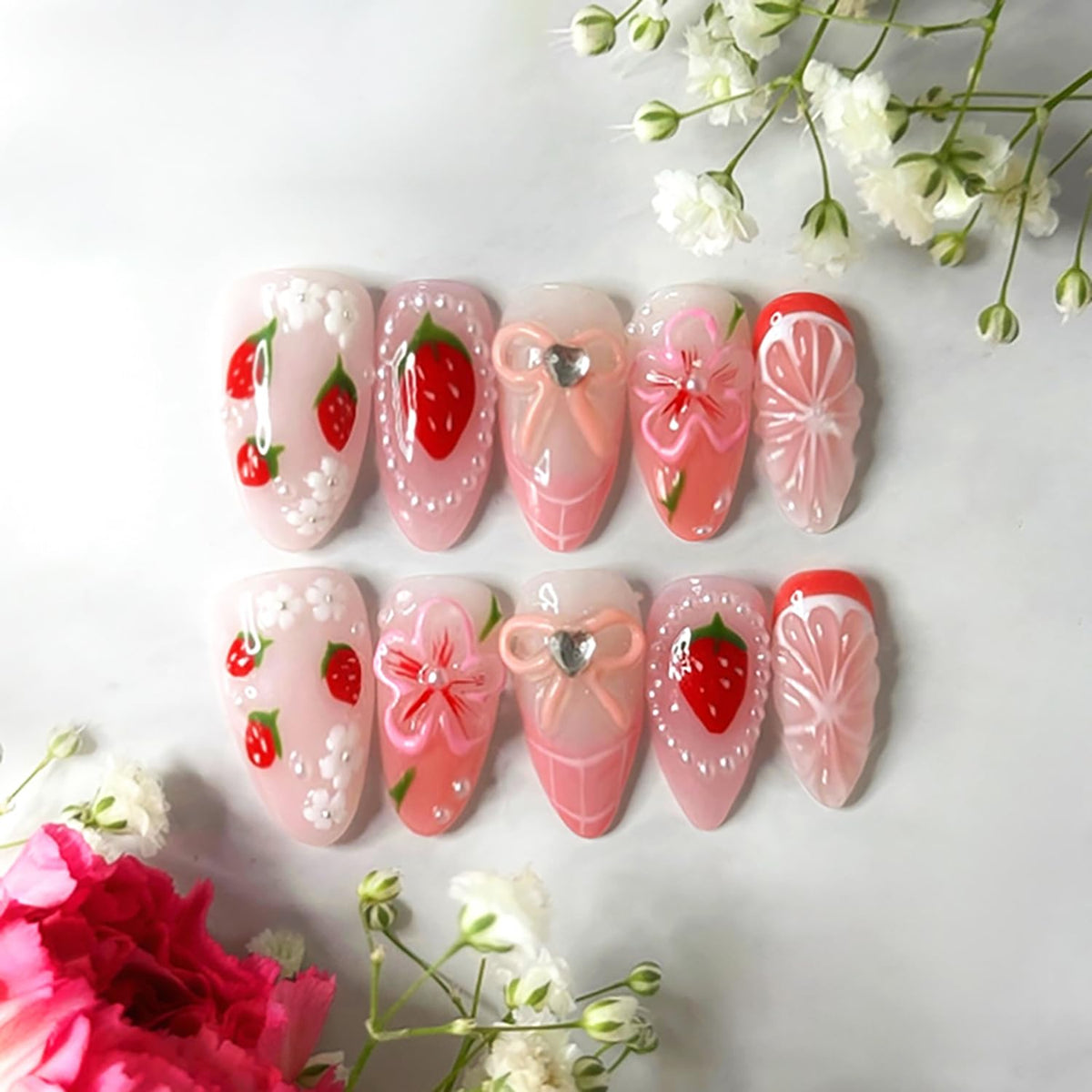 24Pcs Almond Press on Nails Medium Length White French Tip Fake Nails with Gold Lines Designs 3D Bow Acrylic Nails Reusable Cute False Nail Set Nude Glossy French Full Cover Glue on Nails for Women