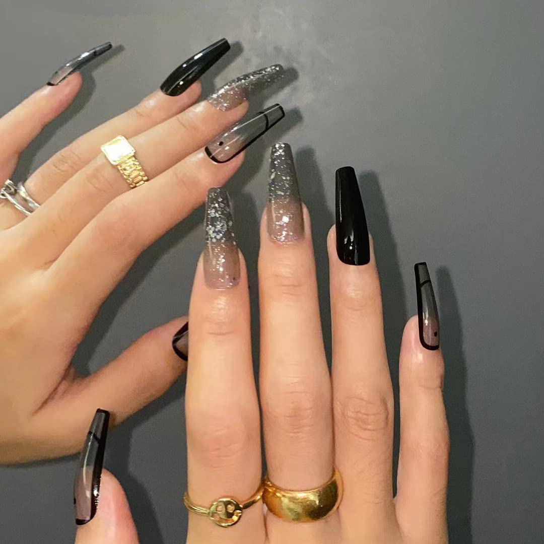 BABALAL Press On Nails Long Square Fake Nails Nude Pink White French Tip Lace Pearl Rhinestone Glossy Bridal Wedding Glue On Nails 24Pcs