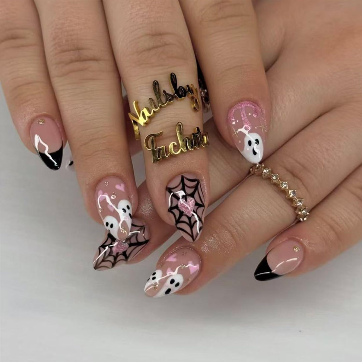 24Pcs White Flower Press on Nails Gold Bead Star French Tip Fake Nails