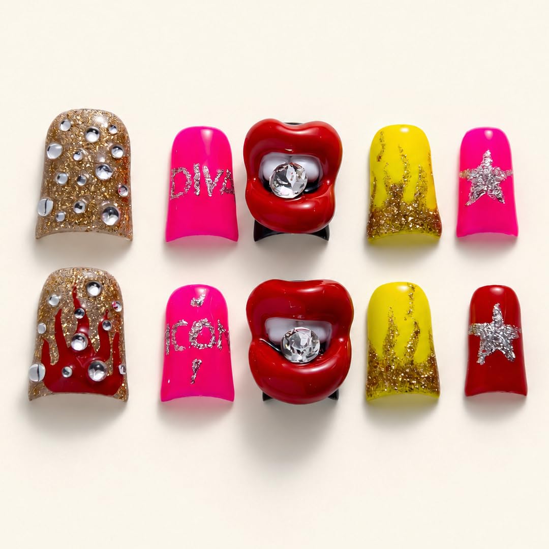 10 Pieces Luxury Acrylic Press On Nails Short Handmade Duck Nails, Pink Thickened False Nails, Rhinestone And 3D Red Lips, Reusable Fake Nails, Acrylic Nails (L)