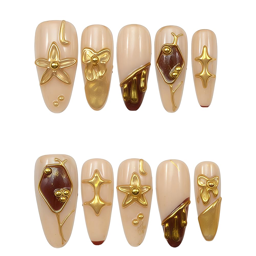 10pcs 3D Metallic Press on Nails Long Almond Handmade, Luxury Ornate Textured False Nails with Gold Silver Chrome Designs, Punk Style Studded Glue on Nails for Women, Gothic Avant-Garde Acrylic Nails