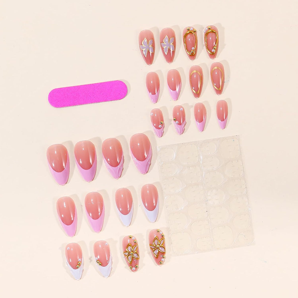 24Pcs Handmade Press on Almond Nails Nude Pink White Gold Flower Fake Nails Pearl False Nails Elegant Summer Nails Glue on Luxurious for Girl Women Stick on Nails Bridal Wedding Formal Events Life