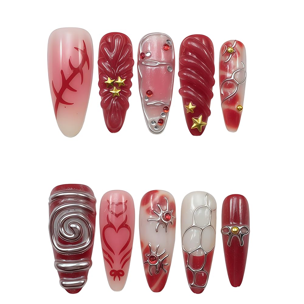 10pcs 3D Metallic Press on Nails Long Almond Handmade, Luxury Ornate Textured False Nails with Gold Silver Chrome Designs, Punk Style Studded Glue on Nails for Women, Gothic Avant-Garde Acrylic Nails