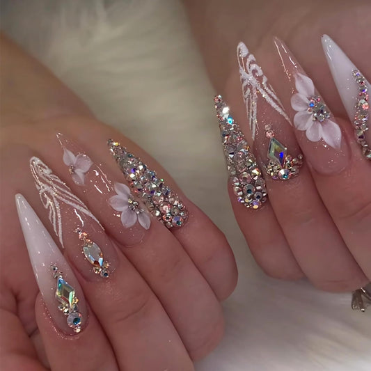 MISUD Press on Nails - Long Stiletto Fake Nails with Bling Glitter, Acrylic Luxury Rhinestone Design 24 pcs