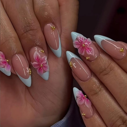3D Handmade Pink Flower Press on Nails Blue French Tip Almond Fake Nails with Gold Metal Charms Luxury Reusable Full Cover Pink Acrylic Nails Press on for Women 24Pcs