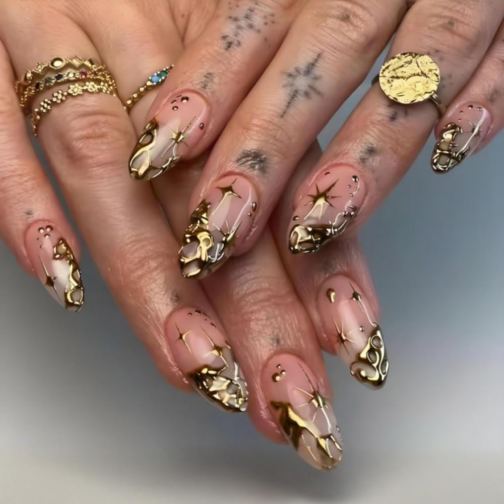 Almond Press on Nails Medium Fake Nails with 5D Metal Lines Charm Design Glossy Pink Nails Press on Curve Glue on Nails Reusable Luxury Silver Beads Acrylic Nail for Women 24Pcs