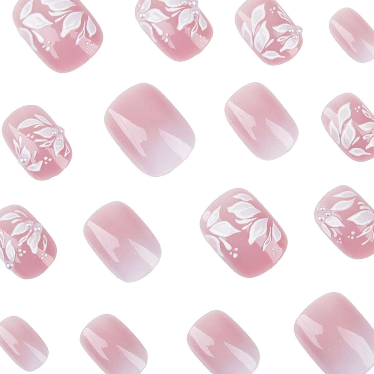 Bridal Press on Nails Short Almond Nude 3D White Floral Lace Pearl Wedding