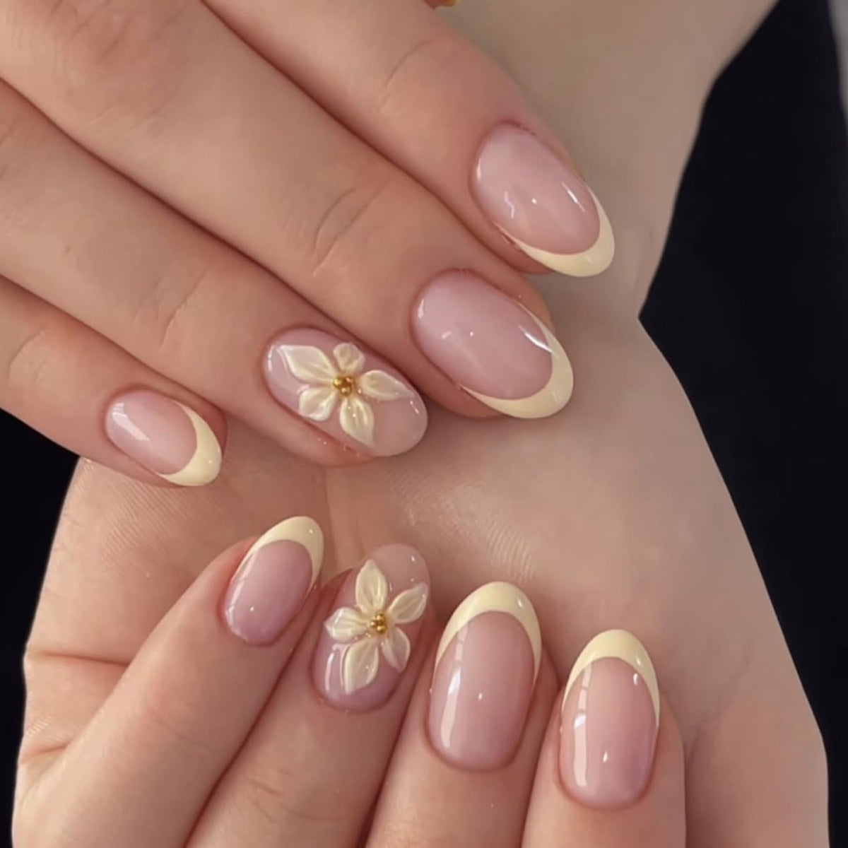 White French Tips Press on Nails, Irregular Gold 3D Lines with Flower & Pearl Design, Reusable Salon Quality Acrylic False Nails for Women, Glue On Nails with Adhesive Tabs for Daily Wear