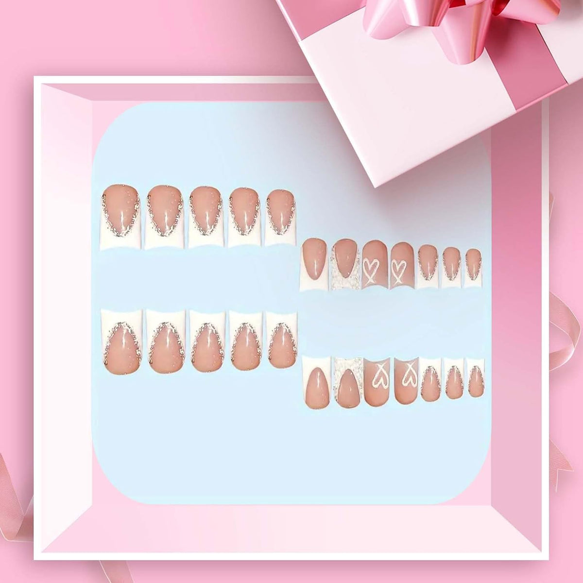QQPPOLIU Nude Square Press on Nails Short Length,White French Tips Fake Nails with Rhinestones Design for Birthday/Bride/Holiday/Christmas/Valentine'S Day/Women/Young