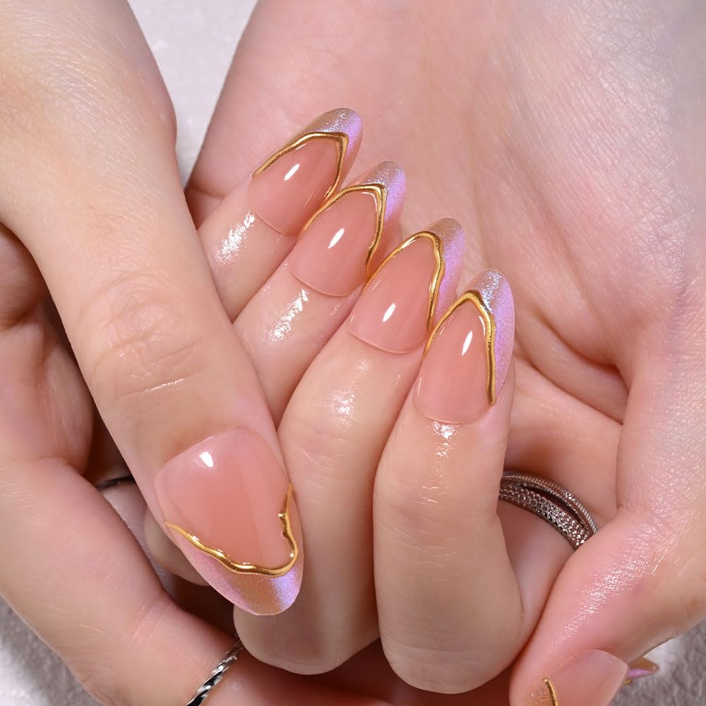 White French Tips Press on Nails, Irregular Gold 3D Lines with Flower & Pearl Design, Reusable Salon Quality Acrylic False Nails for Women, Glue On Nails with Adhesive Tabs for Daily Wear