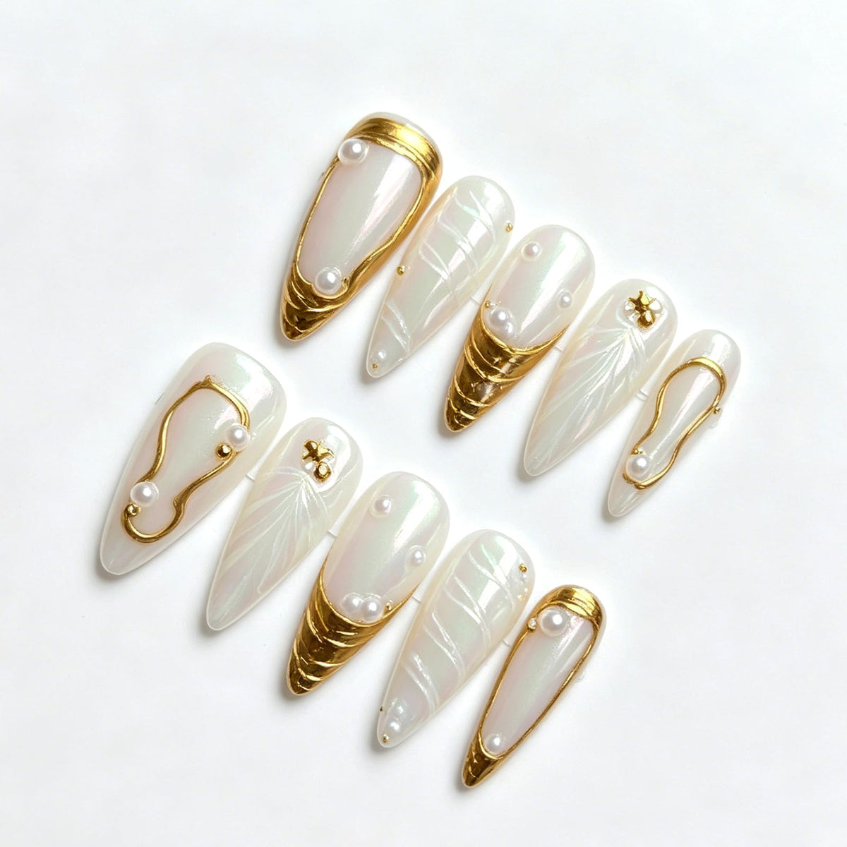 Handmade Press On Nails – Short Almond False Nails for Women, Reusable Acrylic White French Tip with Pearl & 3D Flowers Design – Salon Quality Fake Nails (10PCS Size S)