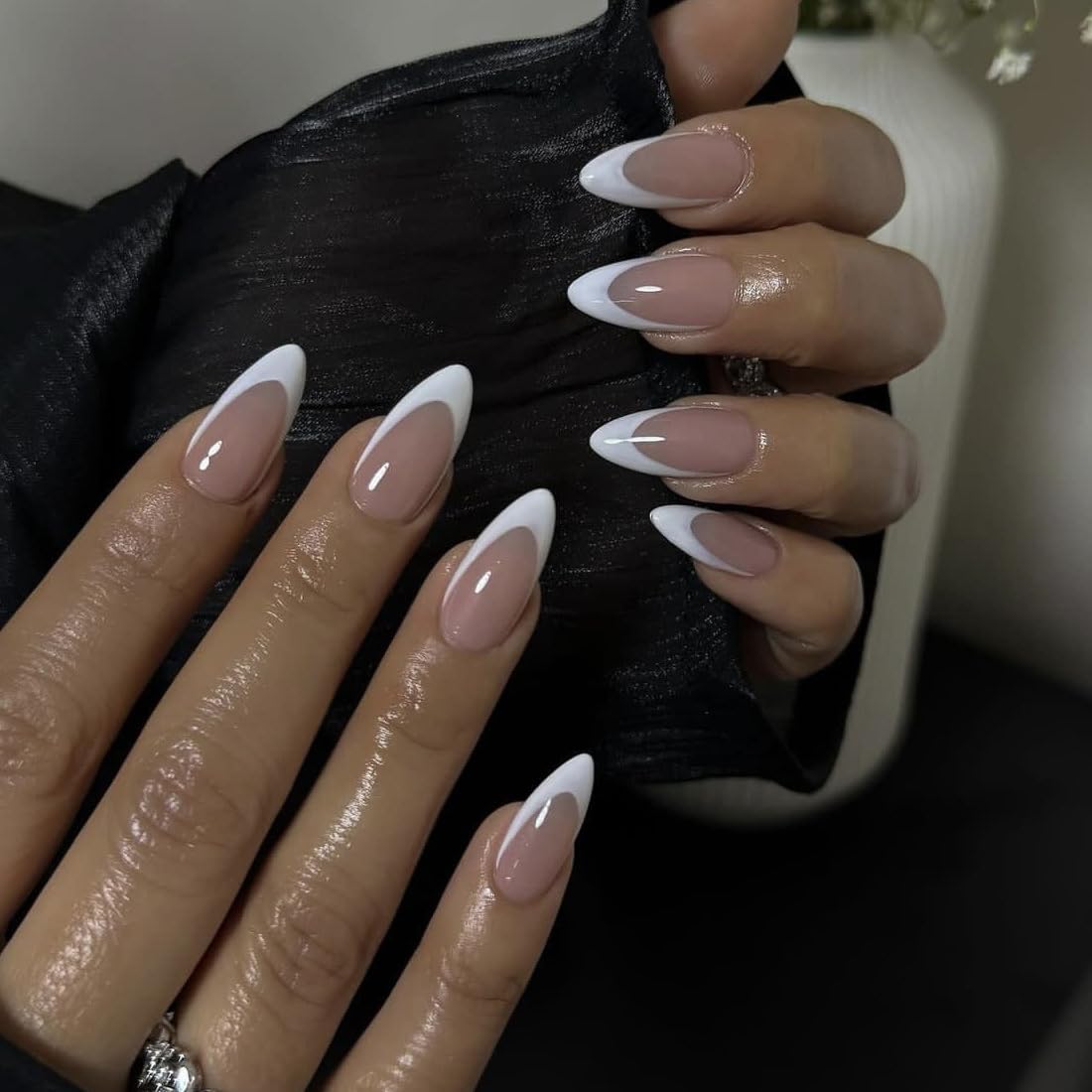 Ombre White Almond Press on Nails Short Medium Pink Fake Nails with Rhinestone Bling Designs Glitter Manicure Fake Nails False Nails for Wedding Fantasy Acrylic stick on nail for Women
