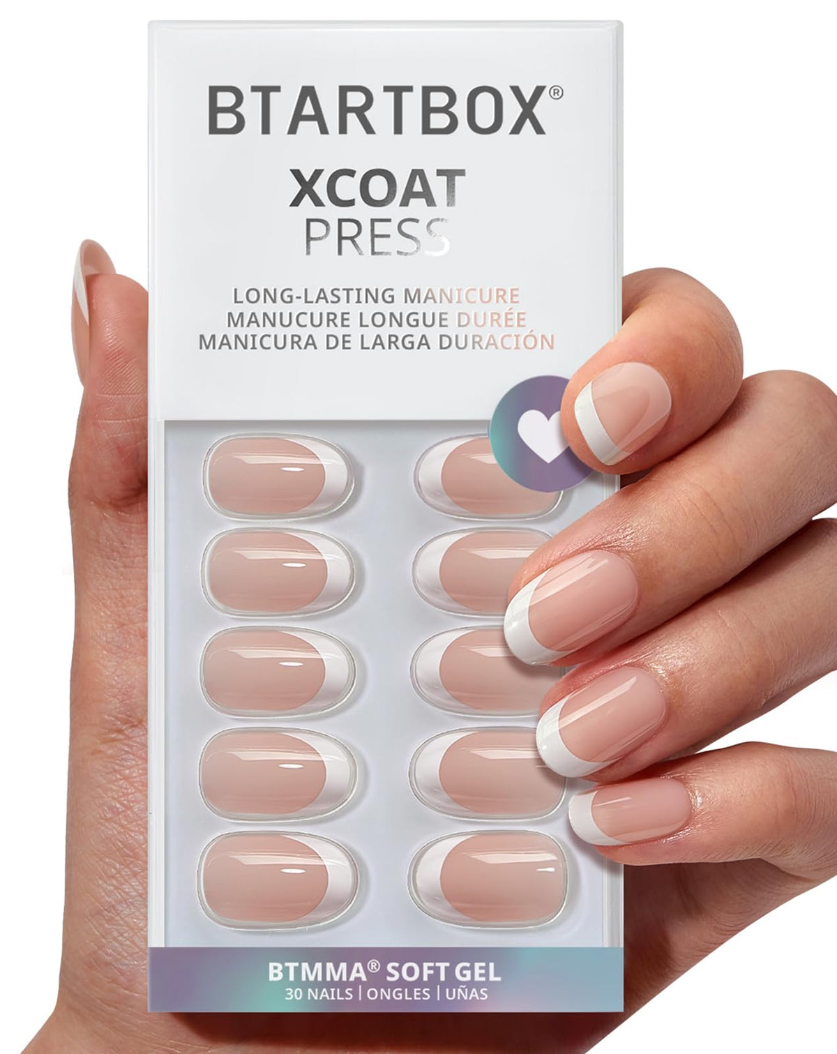 BTArtbox Press On Nails, French Tip Short Square Nails, 32 Pcs Full Kit