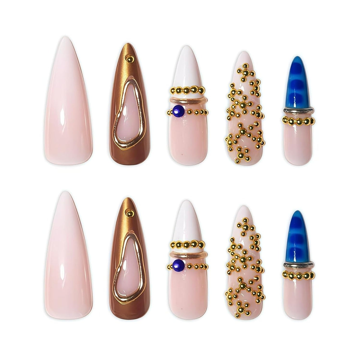 3D Gold Press on Nails Long Stiletto Fake Nails Glossy Nude Blue Full Cover