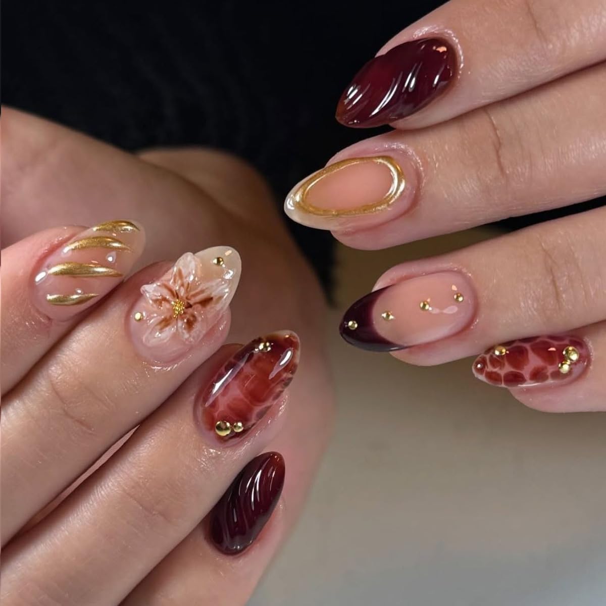 Medium Almond Press on Nails - White French Tip with 3D Flower Rhinestones