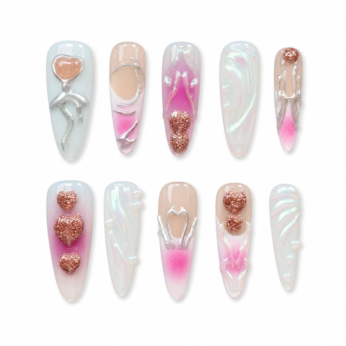 10pcs 3D Metallic Press on Nails Long Almond Handmade, Luxury Ornate Textured False Nails with Gold Silver Chrome Designs, Punk Style Studded Glue on Nails for Women, Gothic Avant-Garde Acrylic Nails
