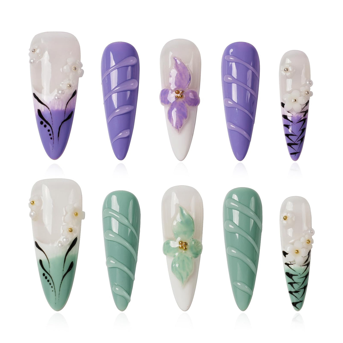Gothic 3D Floral Press on Nails Medium Almond - Gold Cross & Rhinestone Design, Handmade Pearl Luxury Dark Romantic Reusable Nails (Orange Diamond Sweet Luxury,L)