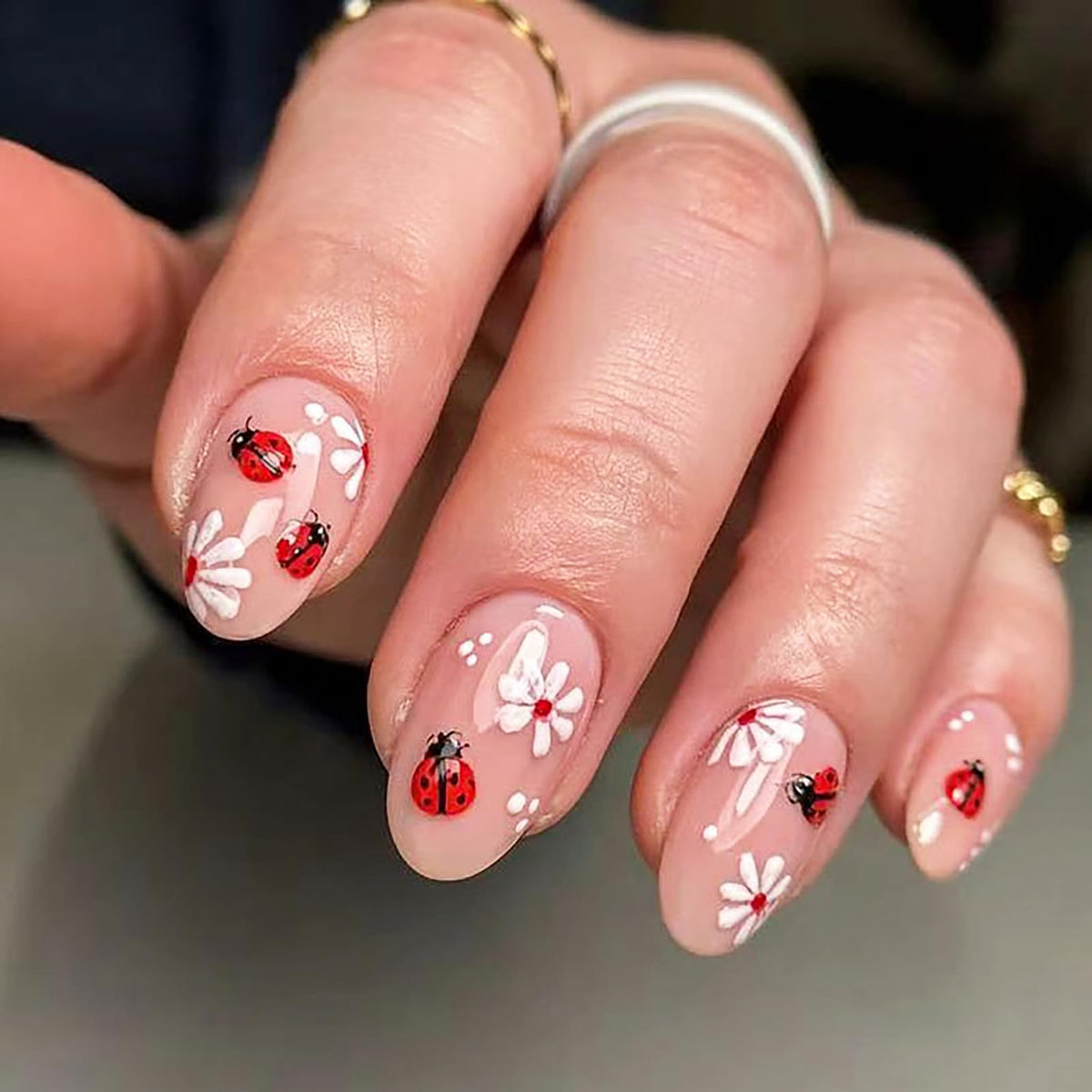 Almond Press on Nails Medium, Handmade White French Tip 3D Nude Fake Nails with Pearl Flower Leaf, Reusable Acrylic Stick On Nails for Women Wedding Bridal Party 24Pcs