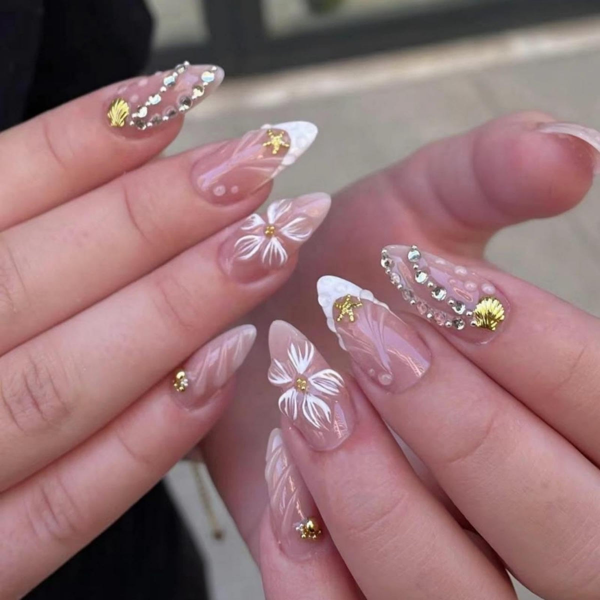 3D Handmade Pink Flower Press on Nails Blue French Tip Almond Fake Nails with Gold Metal Charms Luxury Reusable Full Cover Pink Acrylic Nails Press on for Women 24Pcs