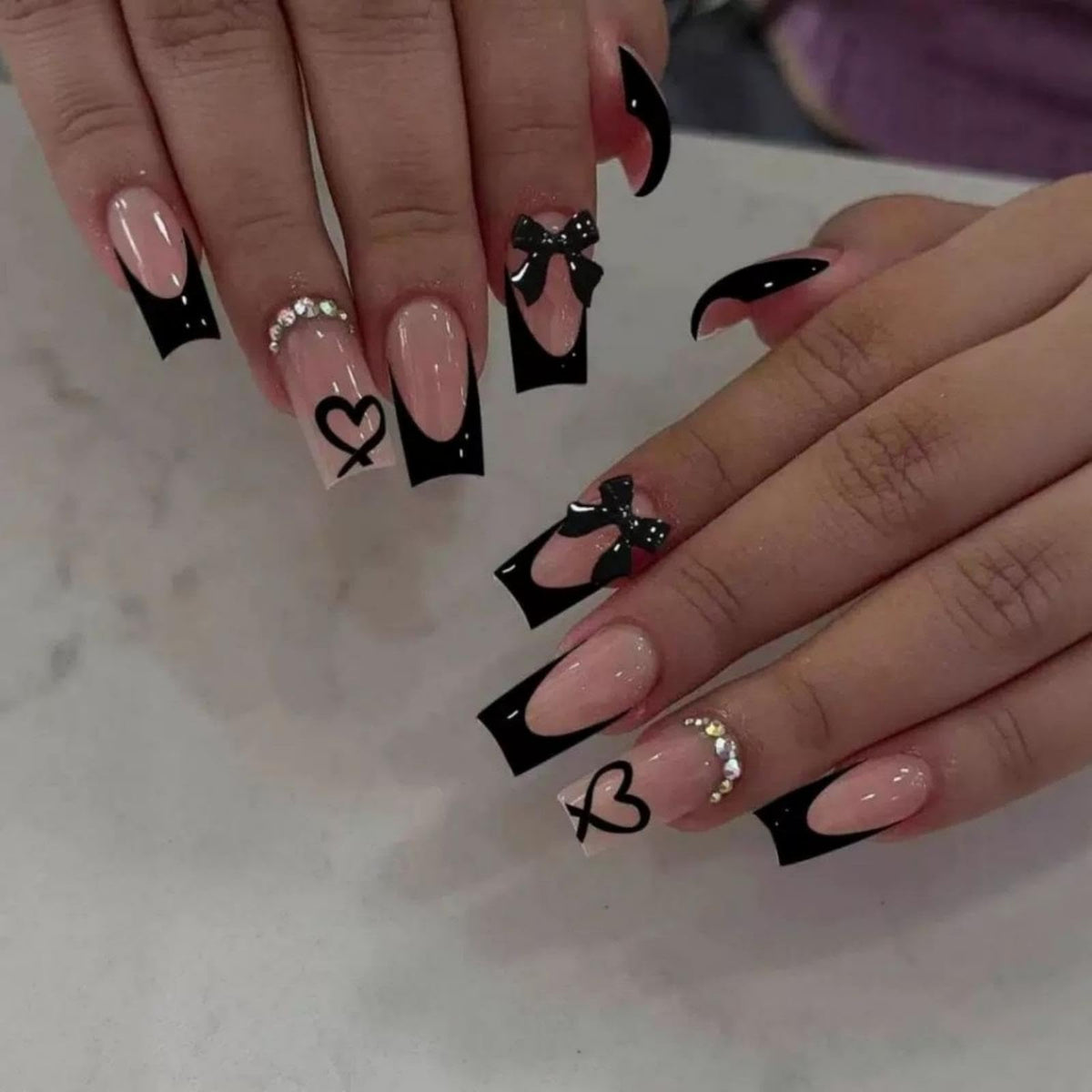 Almond Press on Nails Medium Fake Nails with 5D Metal Lines Charm Design Glossy Pink Nails Press on Curve Glue on Nails Reusable Luxury Silver Beads Acrylic Nail for Women 24Pcs