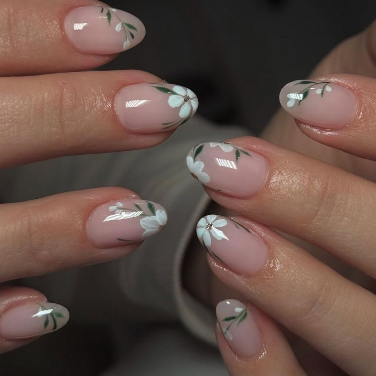 Almond Press on Nails Medium, Handmade White French Tip 3D Nude Fake Nails with Pearl Flower Leaf, Reusable Acrylic Stick On Nails for Women Wedding Bridal Party 24Pcs