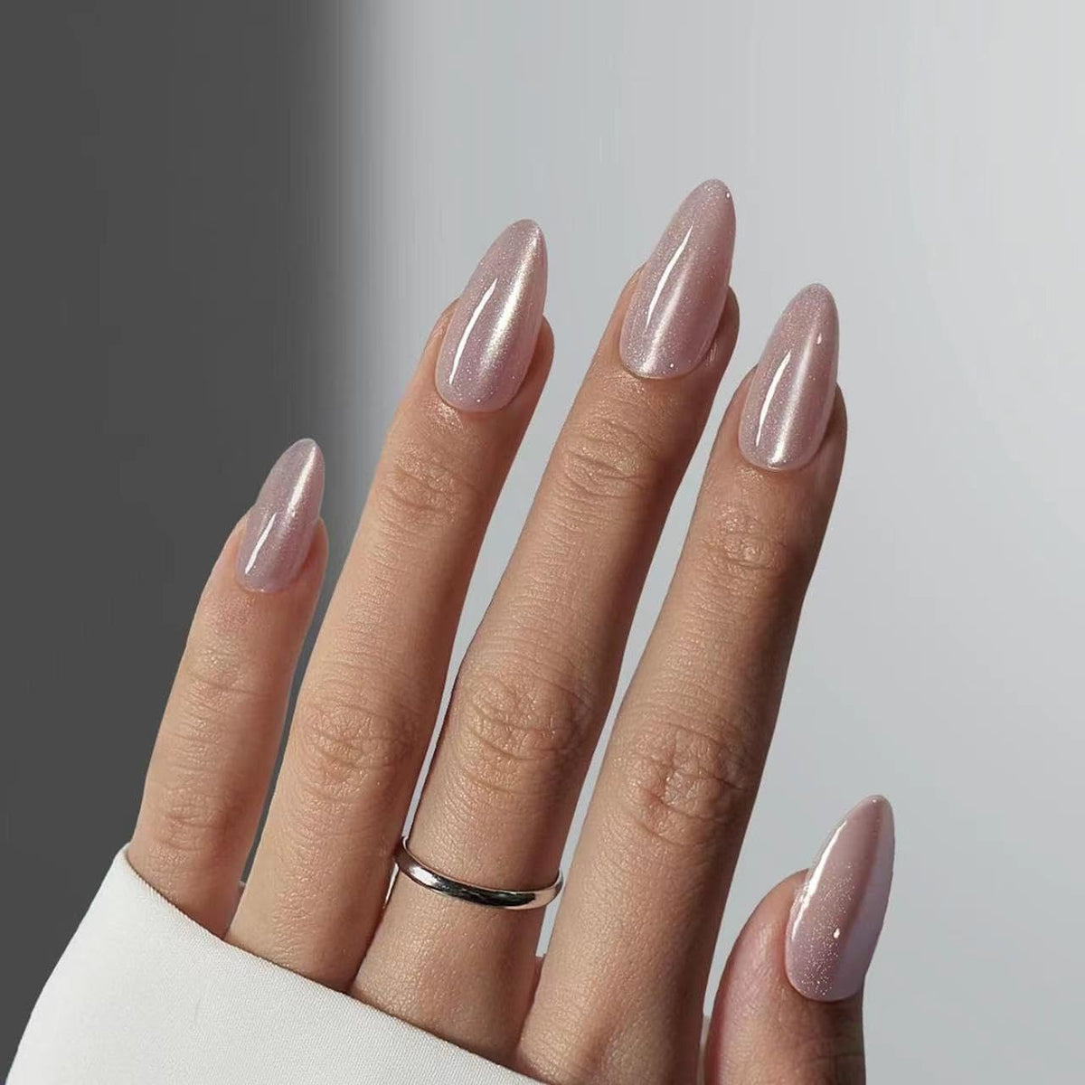 Almond Press on Nails Medium - Fall Fake Nails with Gold Line Design - White Full Cover Stick on False Nails - for Women 24 Pcs