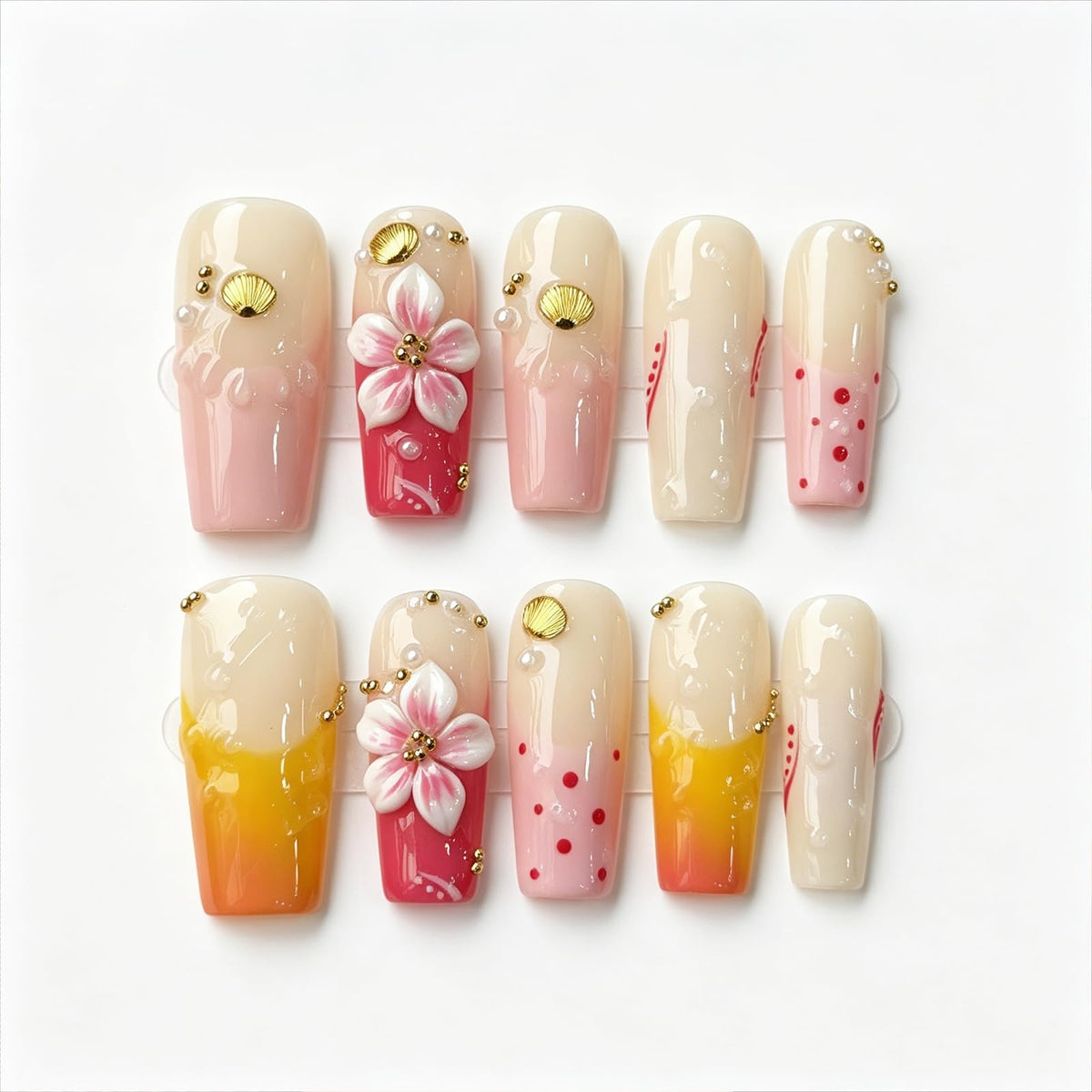 White Medium Square Handmade Press On Nails, French Tip 3D Heart Design