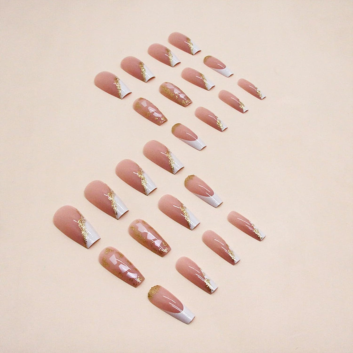 Medium Square Press On Gold Foil False Nails - French Tip, White Tip, Glitter Acrylic - 24 Pcs